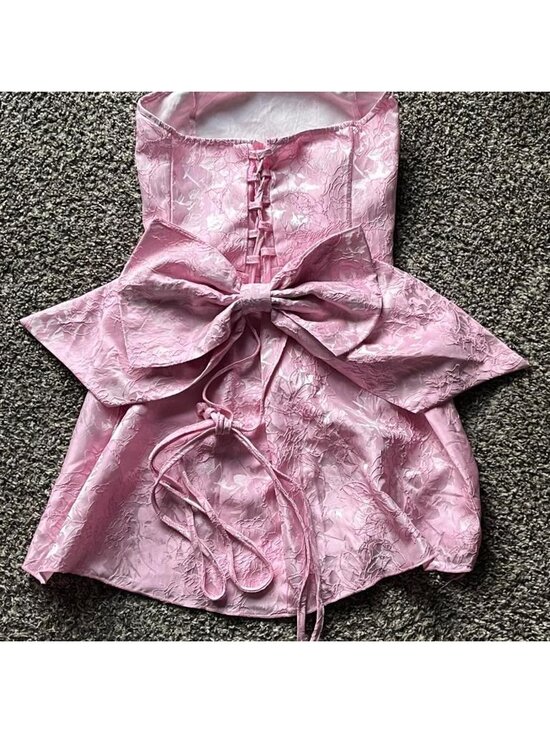 None Dresses & Skirts - Pink Corset Small Mini Dress Large Bow & Tie Back Babydoll Feminine Dainty